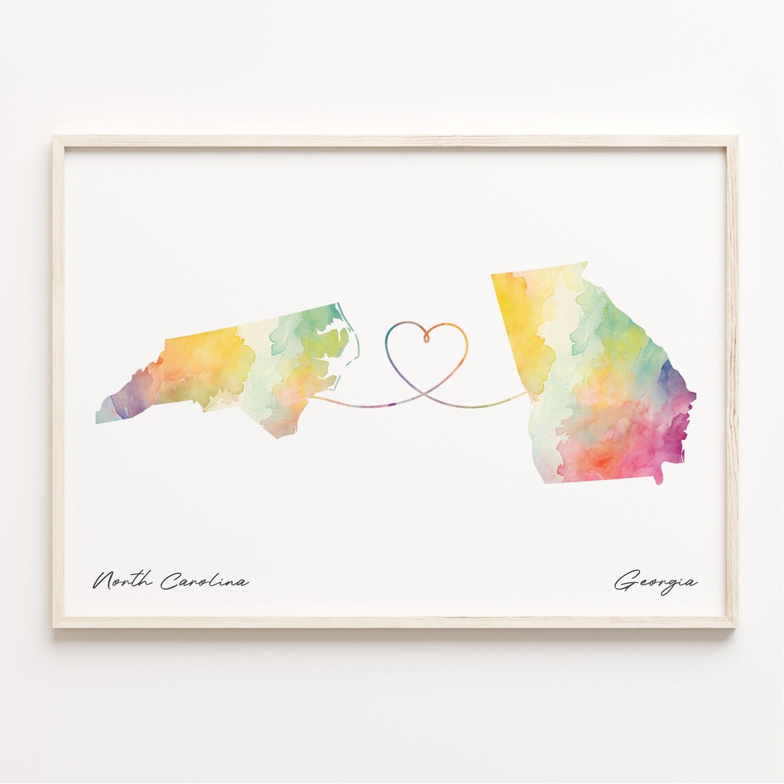 North Carolina To Georgia Watercolor Map Heart Sweet Love Poster
