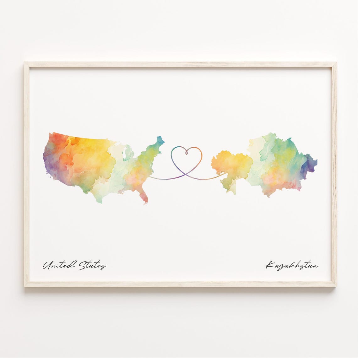 United States Kazakhstan Heart Watercolor Long Distance Map Poster