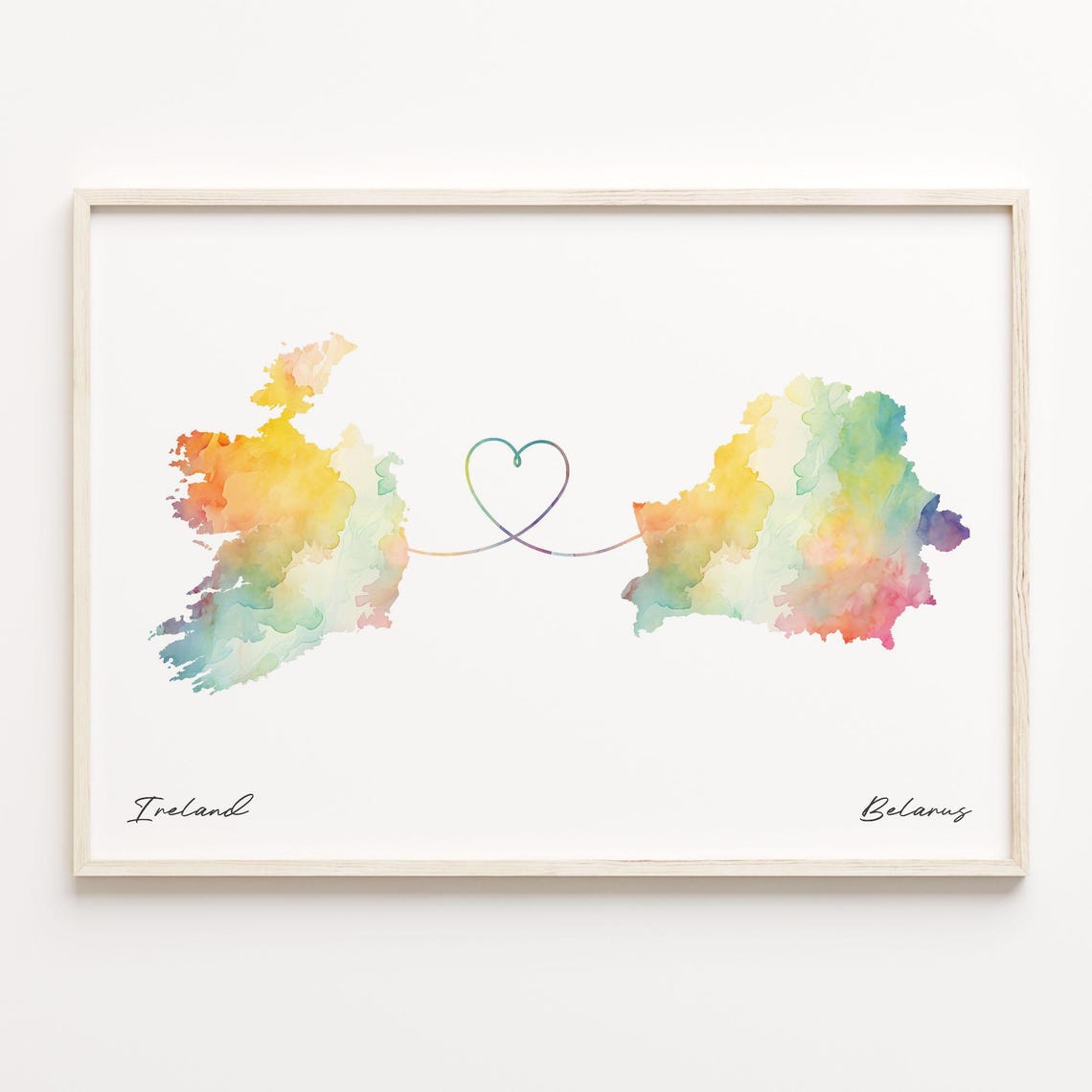 Ireland to Belarus Long Distance Love Watercolor Map Wall Art