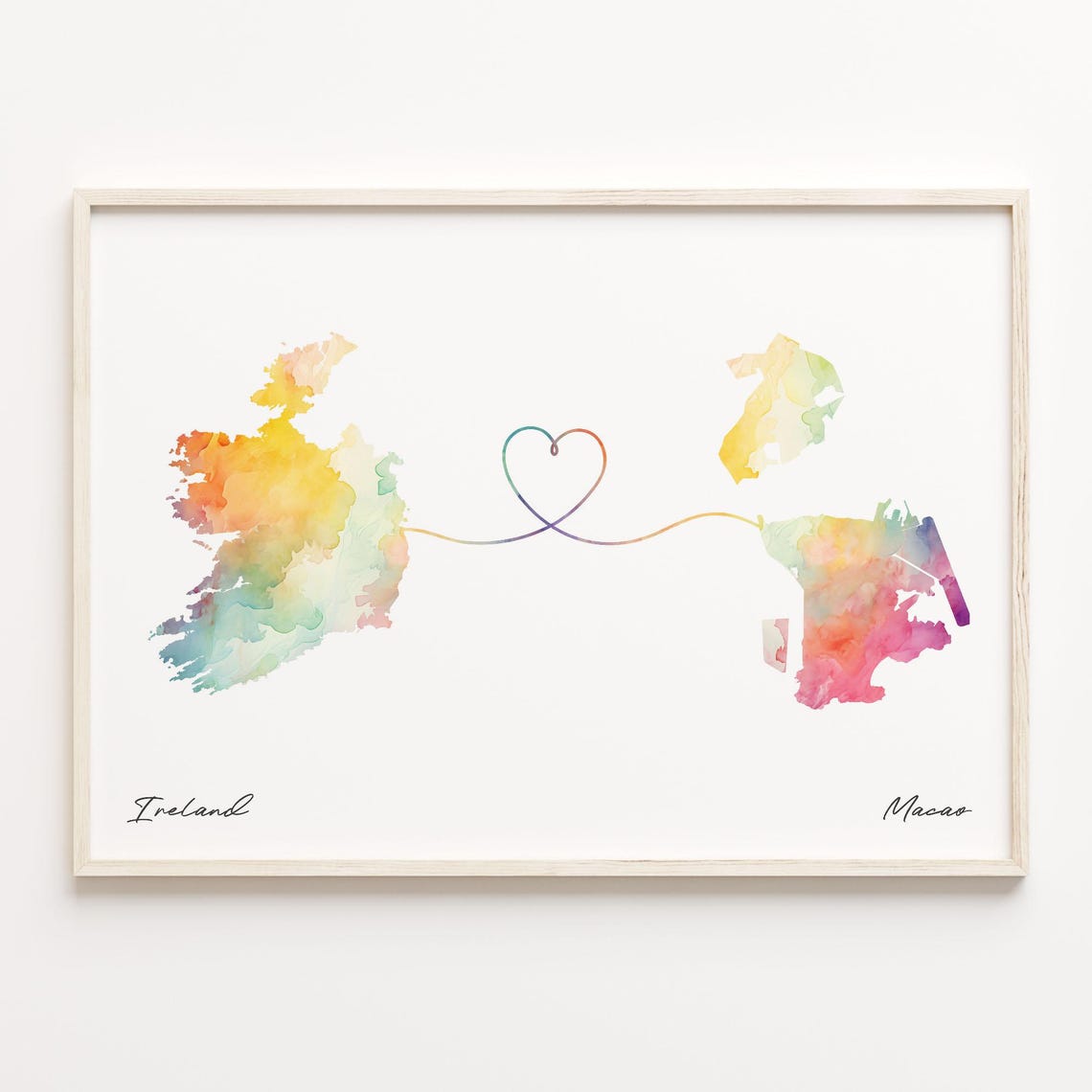 Ireland to Macao Heart Map Long Distance Love Keepsake Art Print