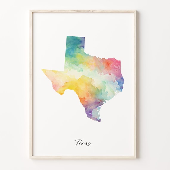 Texas Watercolor Map State Art Poster Colorful Travel Wall Decor
