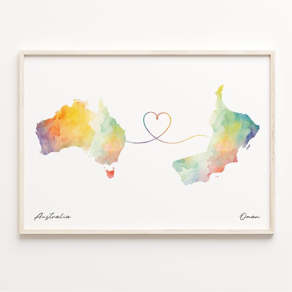 Australia to Oman Watercolor Heart Map Long Distance Art Poster