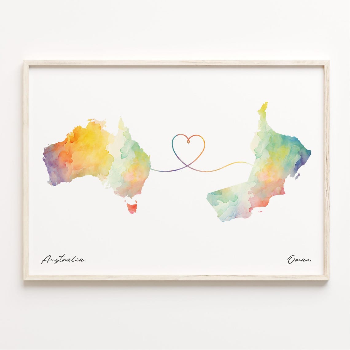 Australia to Oman Watercolor Heart Map Long Distance Art Poster
