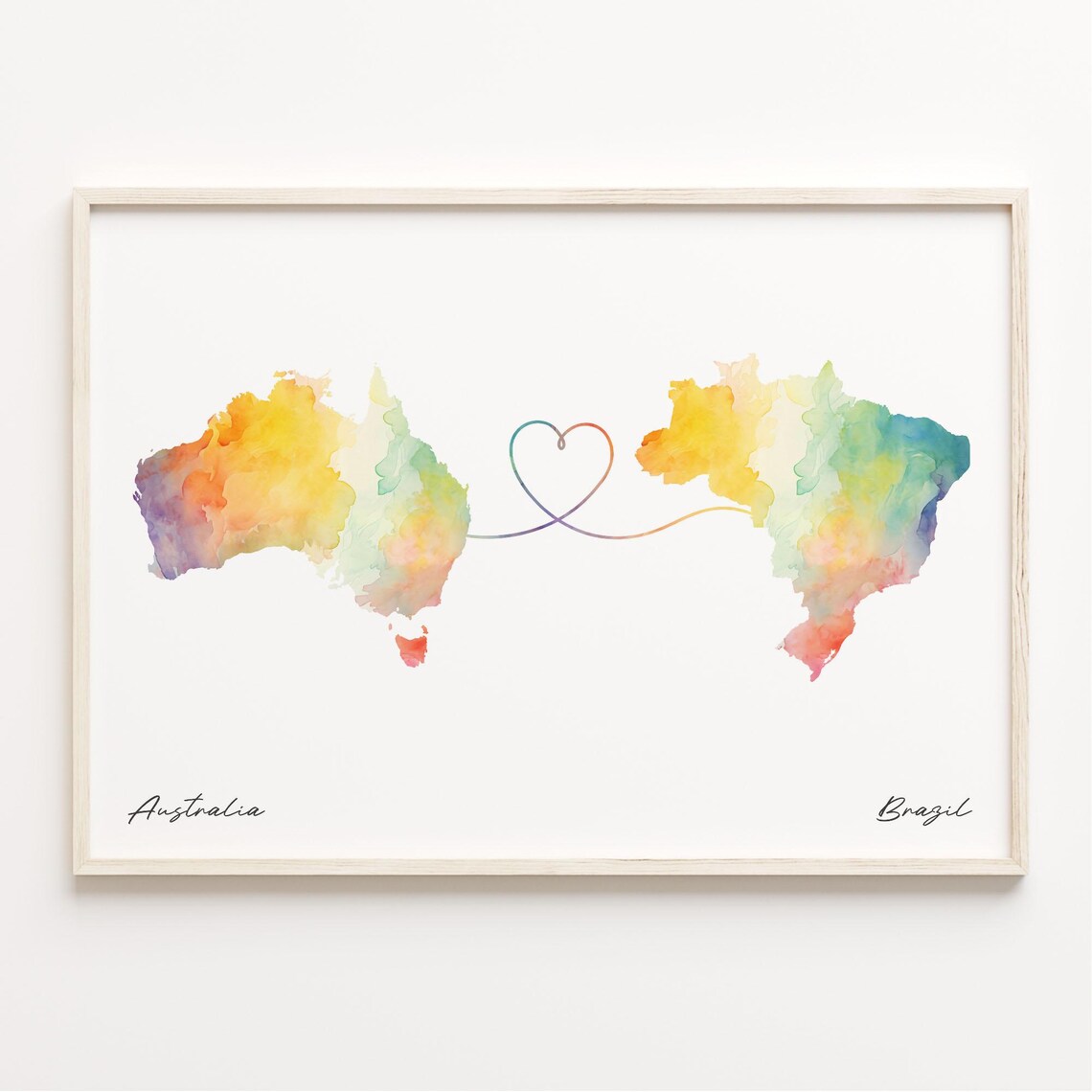 Australia To Brazil Watercolor Map Poster Long Distance Heart Gift Art