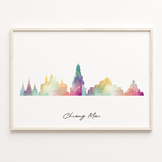 Chiang Mai Thailand Rainbow Watercolor Skyline Cityscape Travel Poster