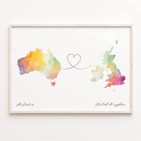 Australia to United Kingdom Watercolor Map Heart Connection Poster