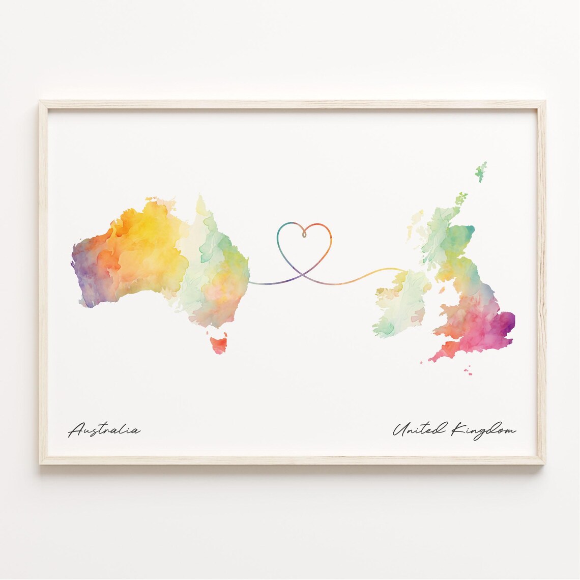 Australia to United Kingdom Watercolor Map Heart Connection Poster