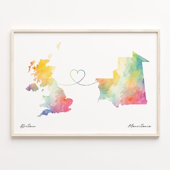 Britain To Mauritania Watercolor Map Heart Connection Love Poster