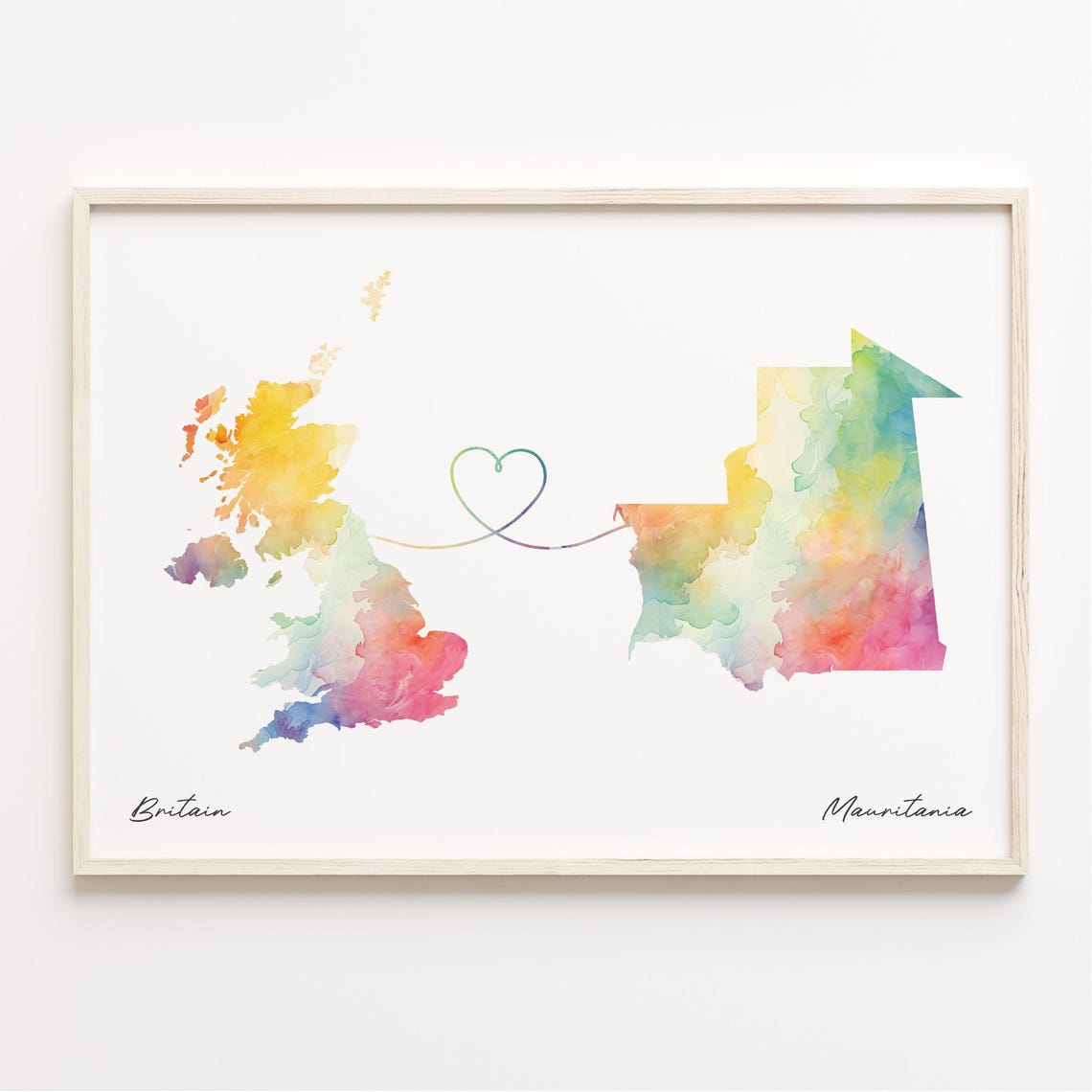 Britain To Mauritania Watercolor Map Heart Connection Love Poster