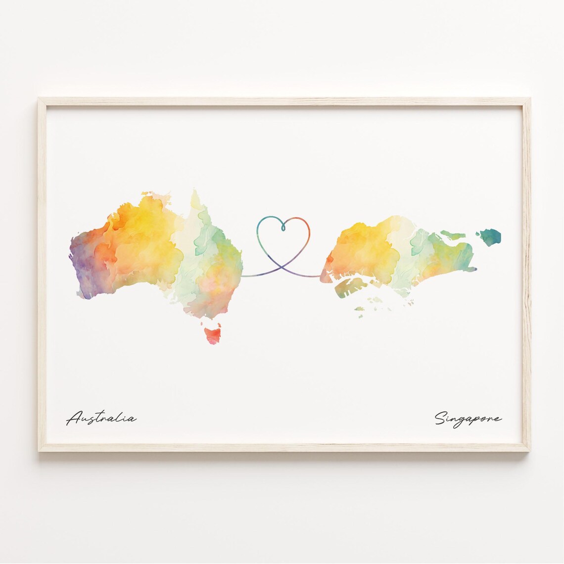 Australia to Singapore Long Distance Watercolor Heart Map Art Print