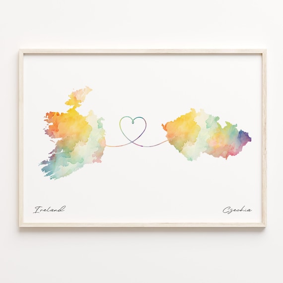 Ireland and Czechia Watercolor Heart Map Connection Gift Poster