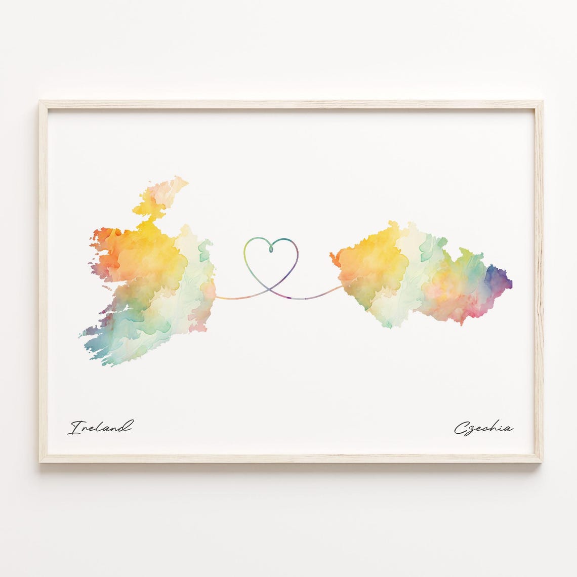 Ireland and Czechia Watercolor Heart Map Connection Gift Poster