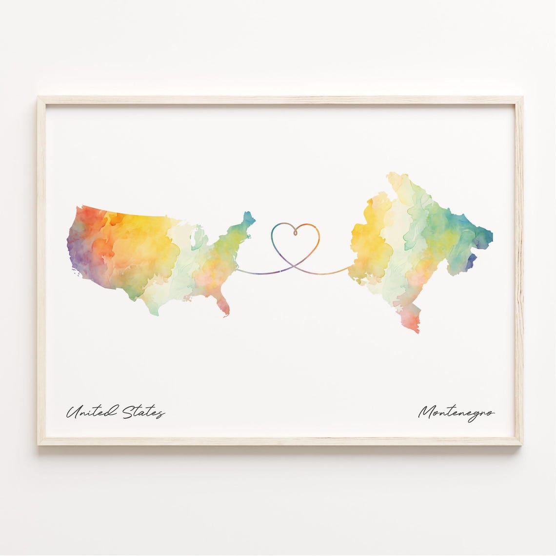 United States Montenegro Heart Watercolor Long Distance Map Poster