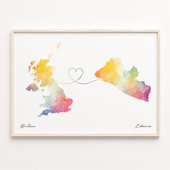 Britain Liberia Watercolor Heart Map Long Distance Love Poster