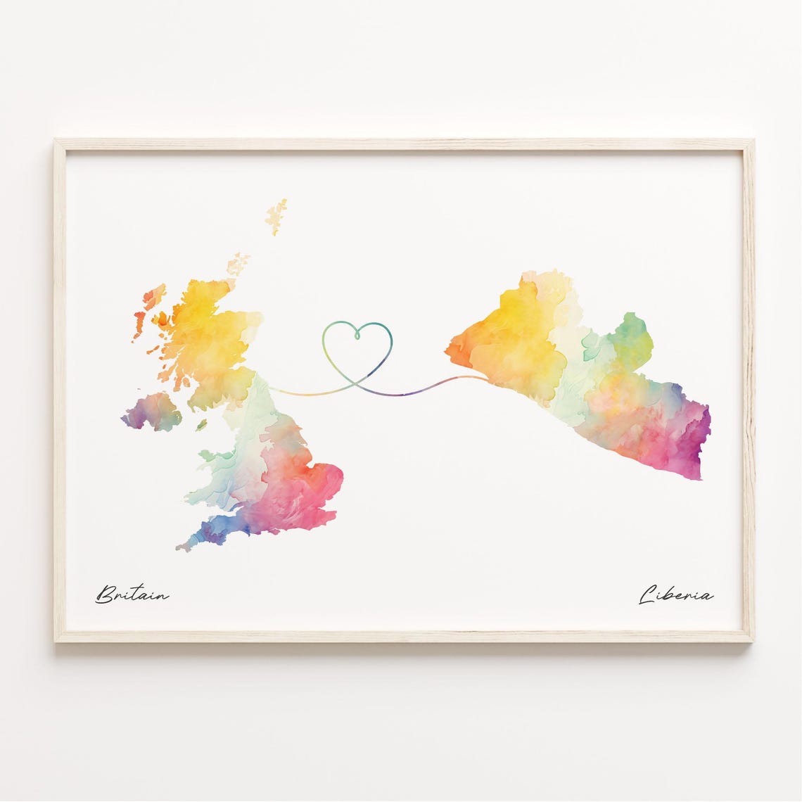 Britain Liberia Watercolor Heart Map Long Distance Love Poster