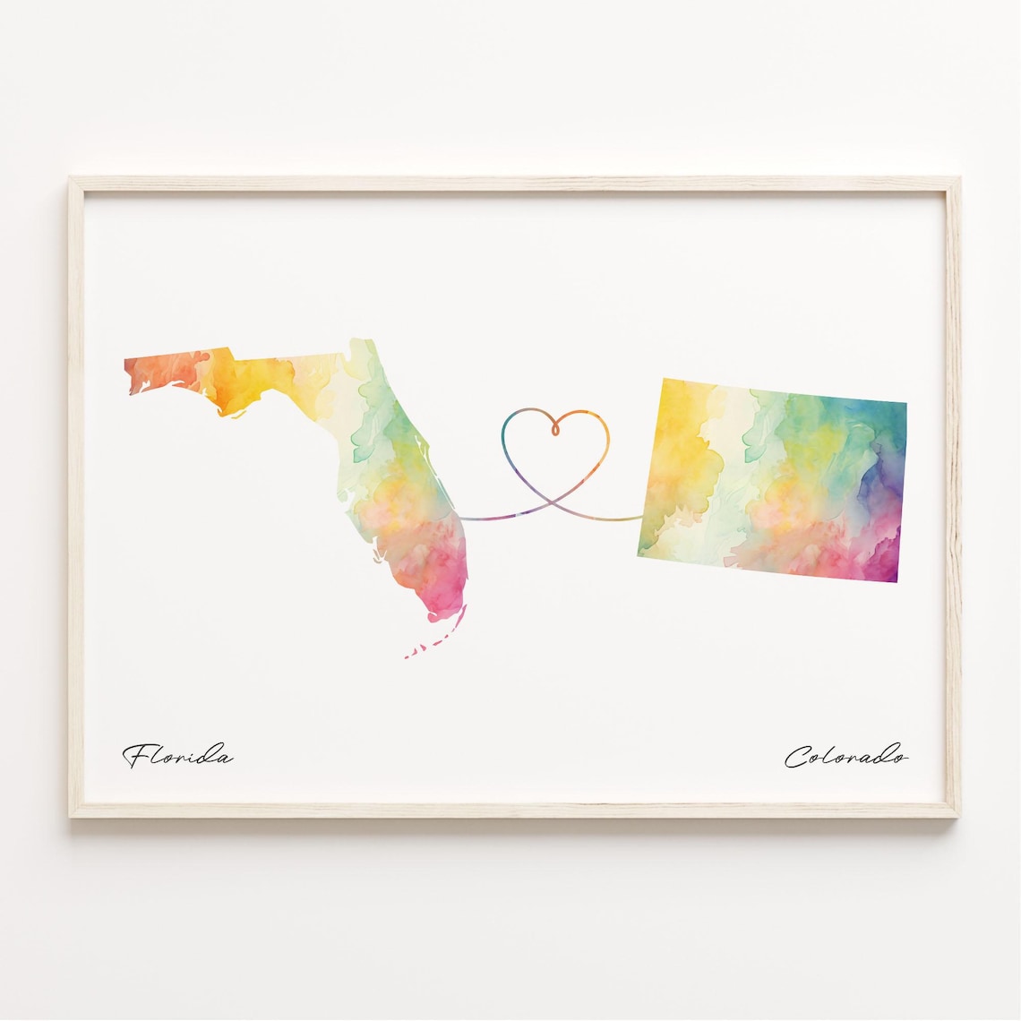 Florida to Colorado Watercolor Heart Connection State Love Map Poster