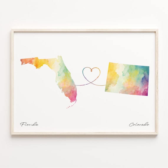 Florida to Colorado Watercolor Heart Connection State Love Map Poster