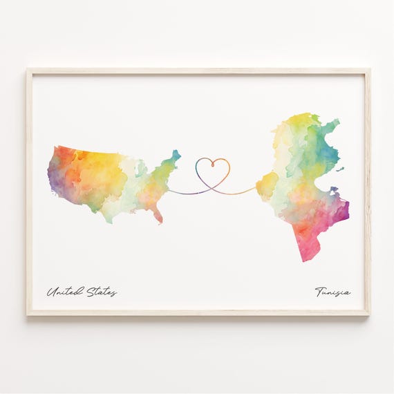 Us to Tunisia Watercolor Map Art Print