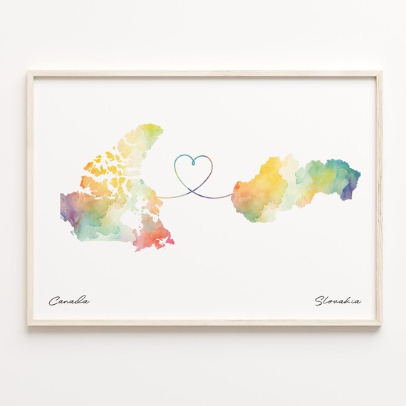 Canada to Slovakia Watercolor Map Heart Long Distance Love Poster