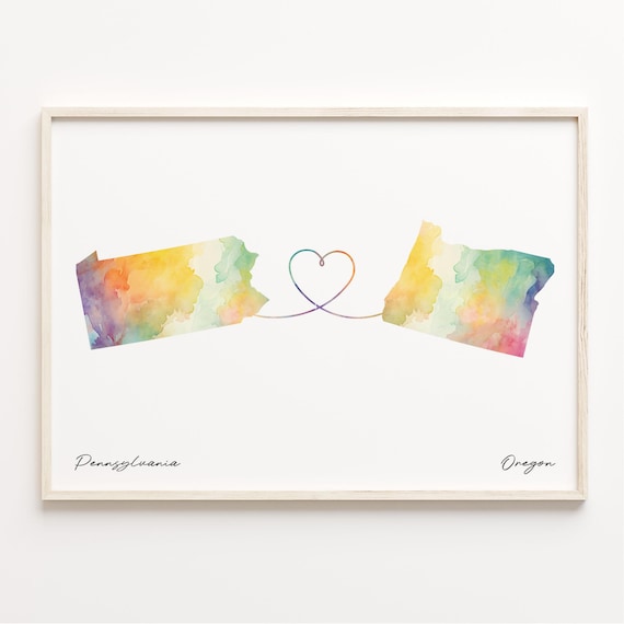 Pennsylvania to Oregon Watercolor Map Heart Connection Art Poster