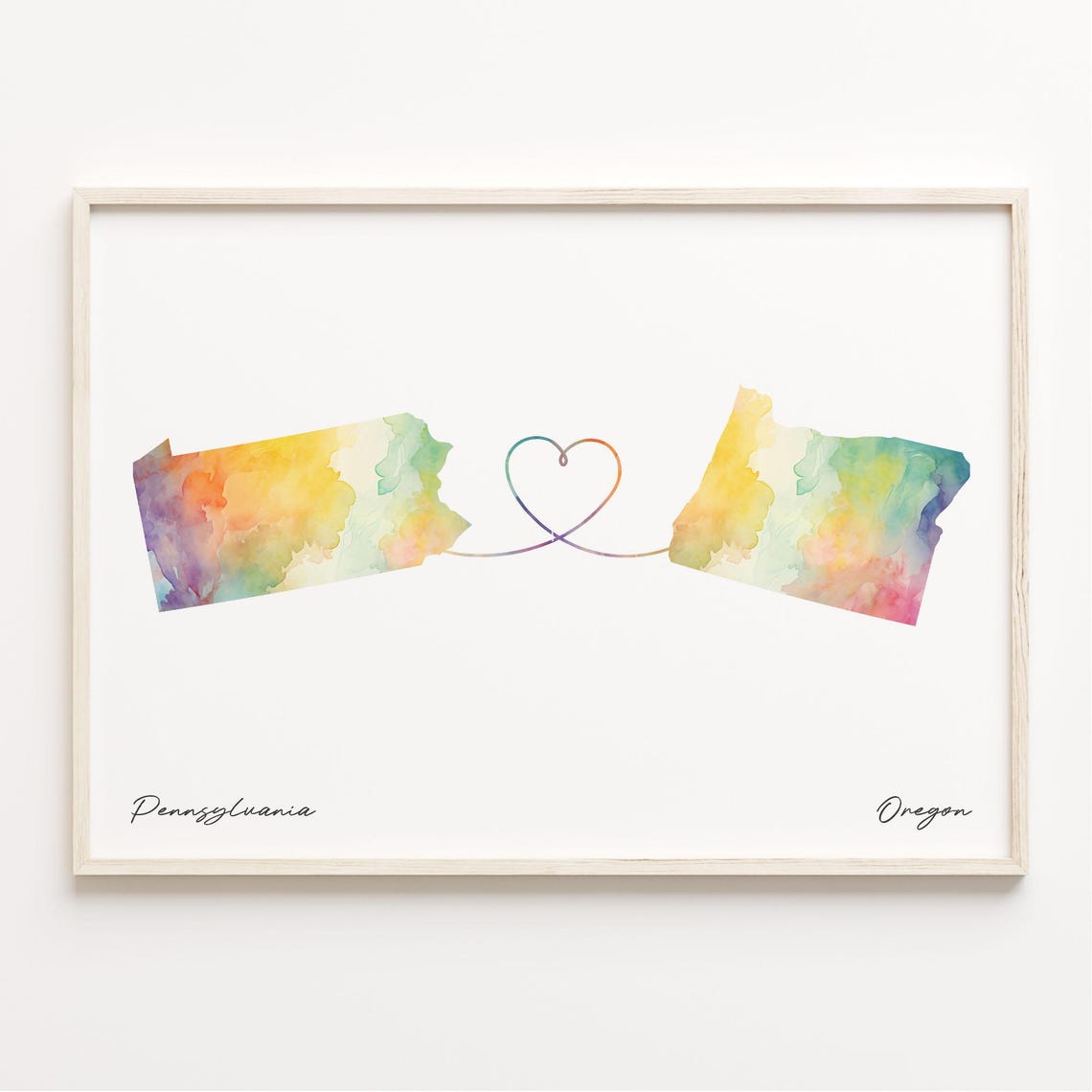 Pennsylvania to Oregon Watercolor Map Heart Connection Art Poster