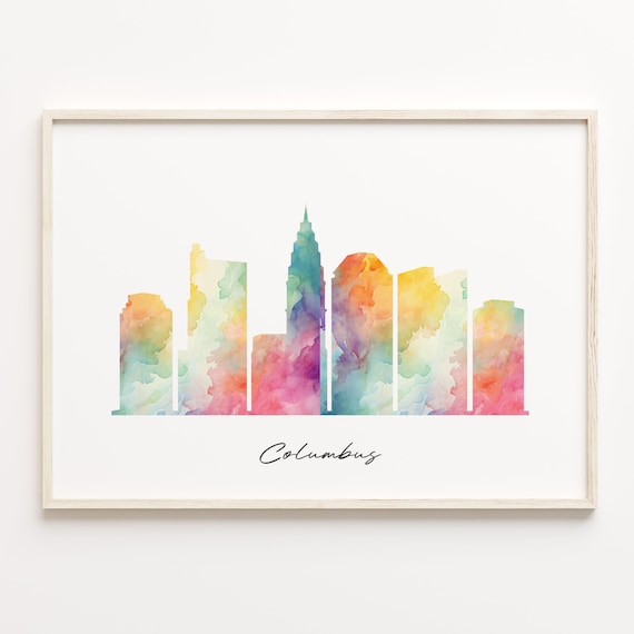 Columbus Ohio Rainbow Watercolor Skyline Cityscape Art Print