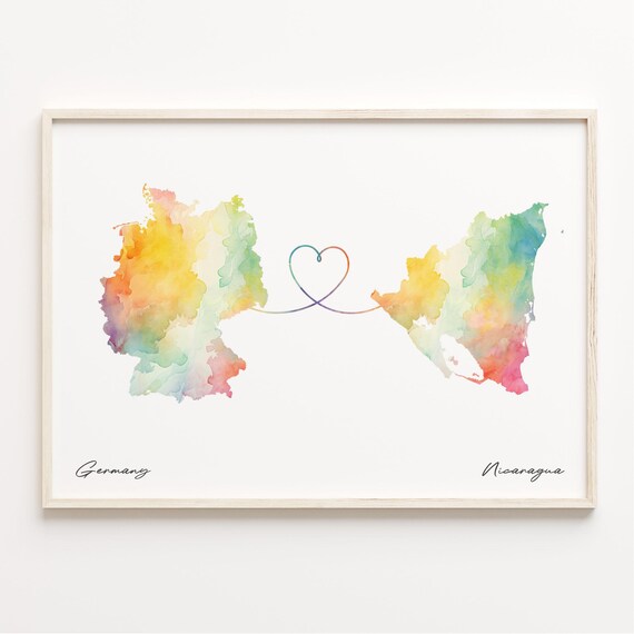 Germany to Nicaragua Watercolor Map Poster with Heart Connection