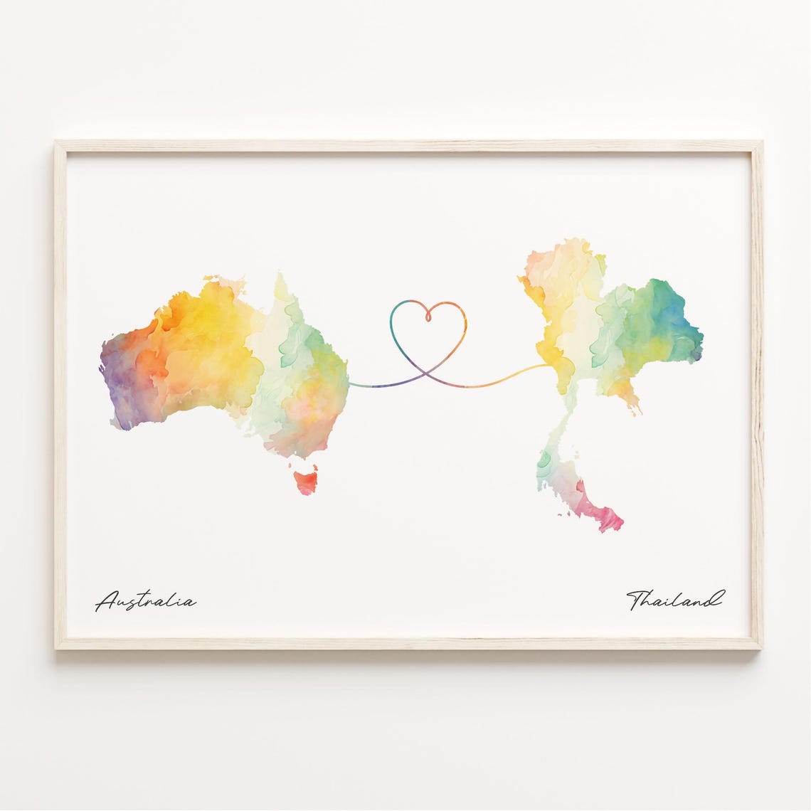 Australia Thailand Watercolor Map Heart Long Distance Love Poster