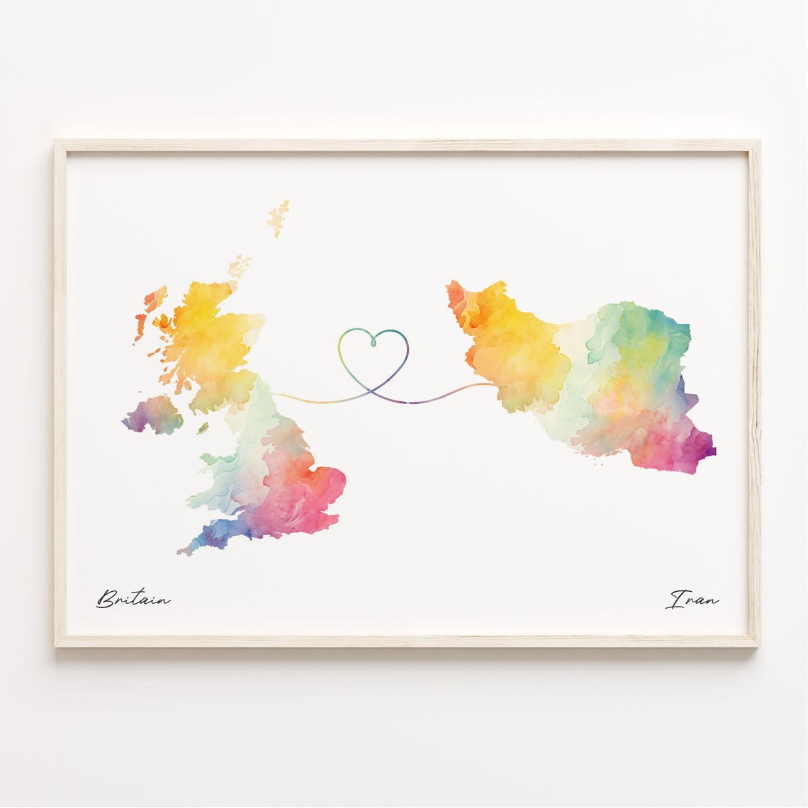 Britain To Iran Watercolor Map Print With Heart Line Gift For Expats