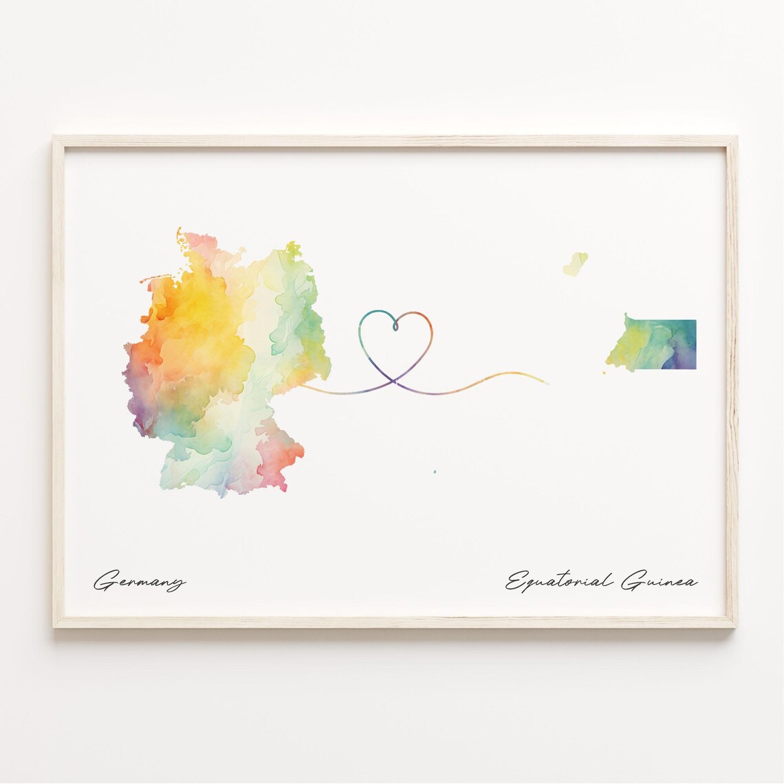 Germany to Equatorial Guinea Watercolor Map Poster Heart Connection Gift