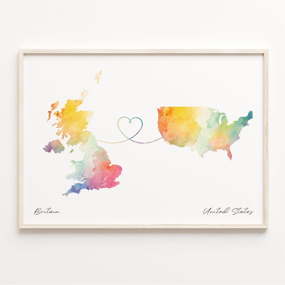 Britain to United States Watercolor Map Heart Connection Poster