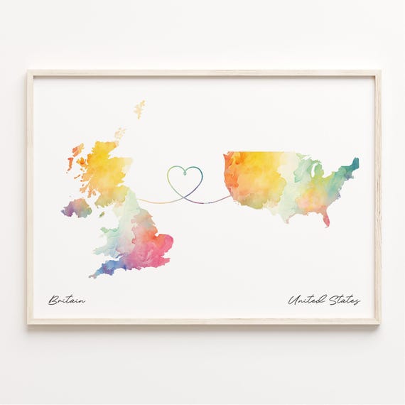 Uk To United States Print Watercolor Map Poster British Gift Kingdom Wall Art Adventure Awaits C23389