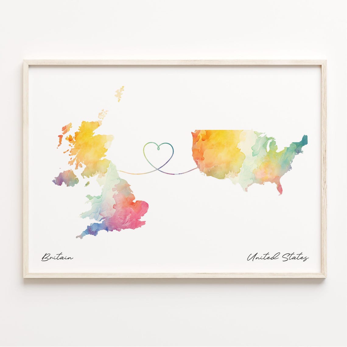 Britain to United States Watercolor Map Heart Connection Poster