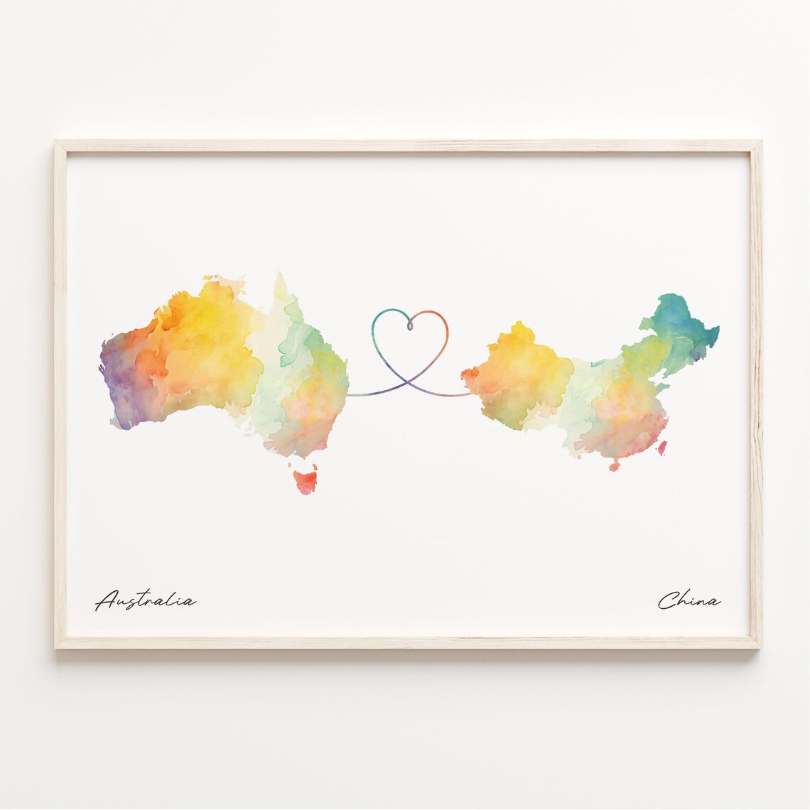 Australia to China Watercolor Map Heart Connection Travel Poster