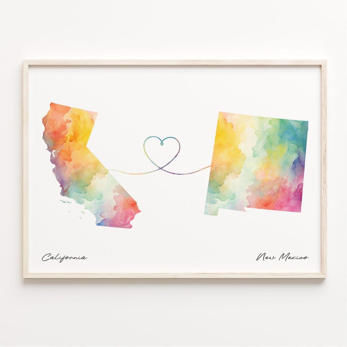 California To New Mexico Watercolor Heart Line State Map Art Print