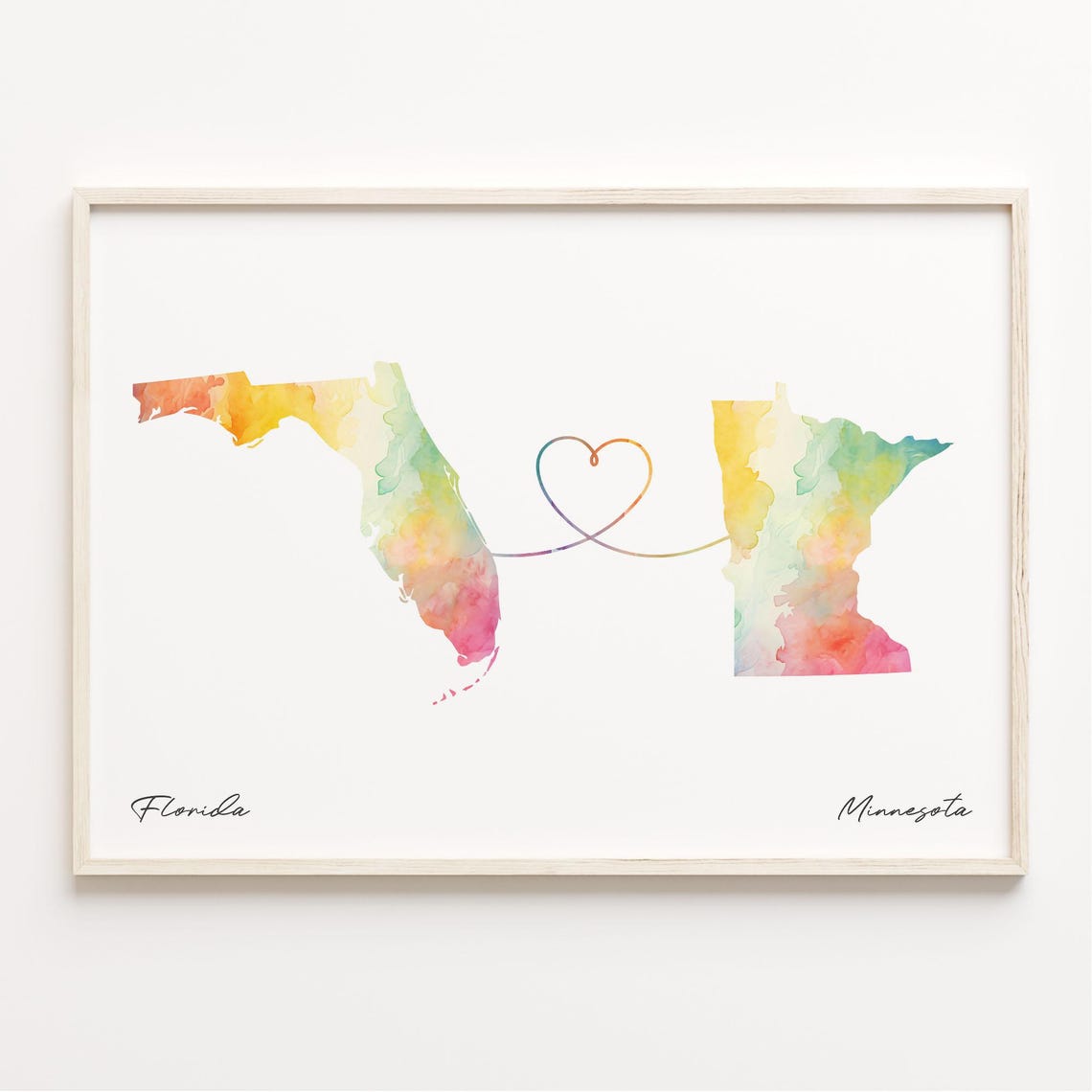 Florida Minnesota Watercolor Heart Map Long Distance Love Poster