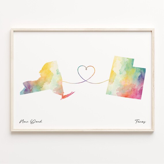 New York To Texas Watercolor Map With Heart Connection Poster