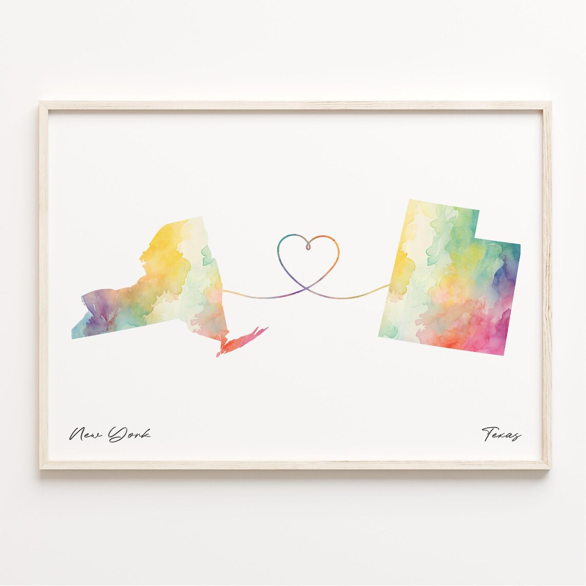 New York To Texas Watercolor Map With Heart Connection Poster
