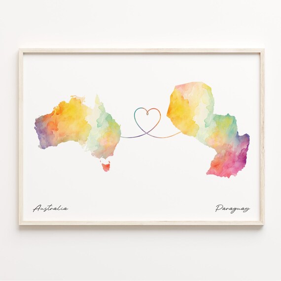 Australia To Paraguay Long Distance Love Watercolor Map Print