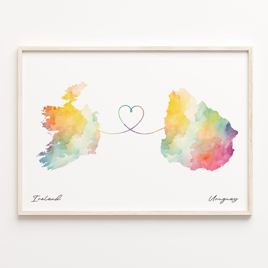 Ireland to Uruguay Watercolor Map Heart Long Distance Art Print
