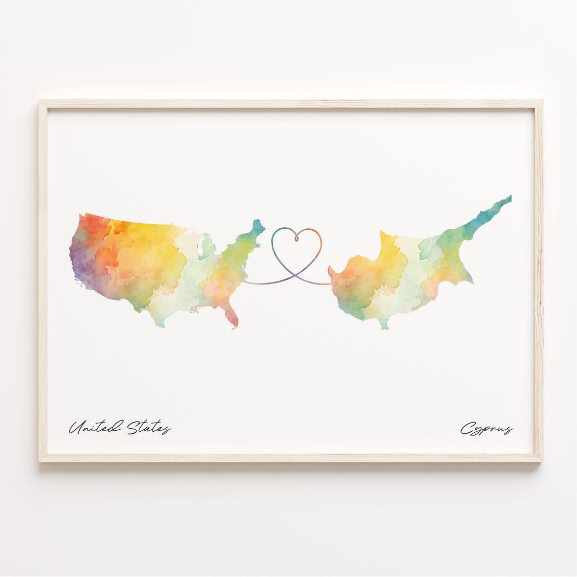 United States To Cyprus Watercolor Heart Map Connection Poster