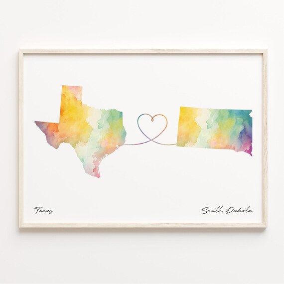 Texas to South Dakota Watercolor Heart Connection Map Poster