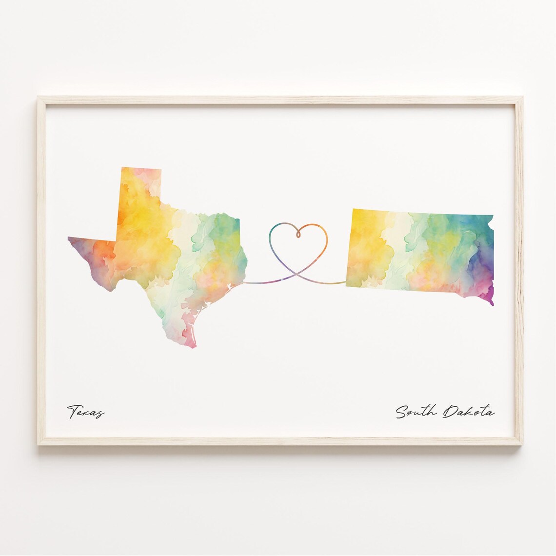 Texas to South Dakota Watercolor Heart Connection Map Poster