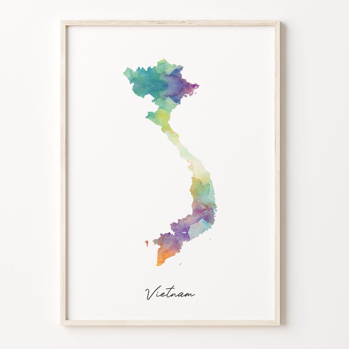 Vietnam Watercolor Country Map Poster in Soft Pastel Hues Home Decor