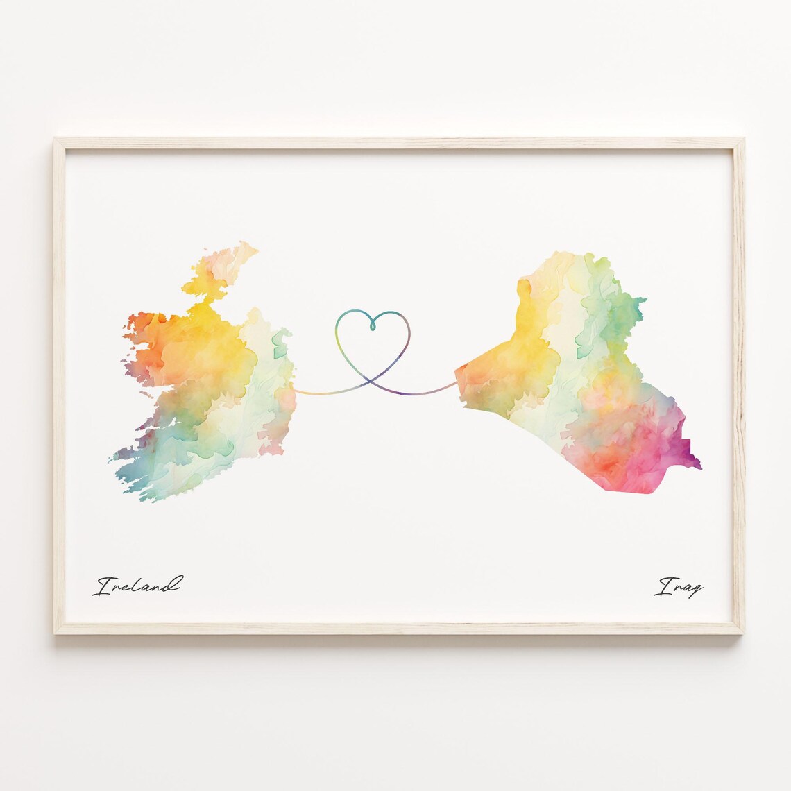 Ireland to Iraq Watercolor Map Heart Connection Long Distance Poster
