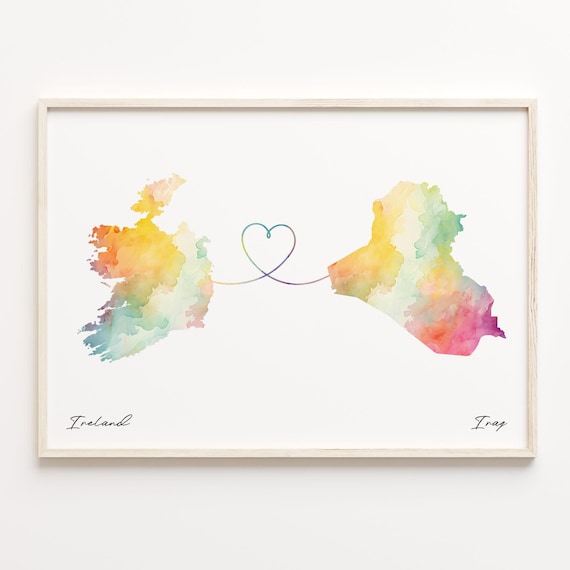 Ireland to Iraq Watercolor Map Heart Connection Long Distance Poster