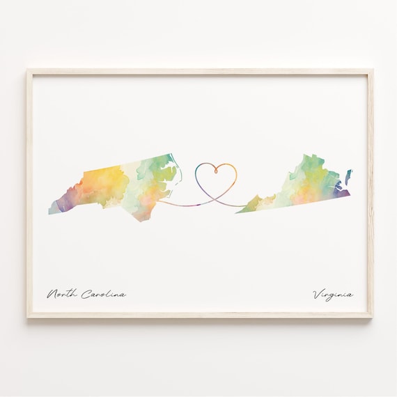 North Carolina to Virginia Watercolor Heart Map Connection Poster