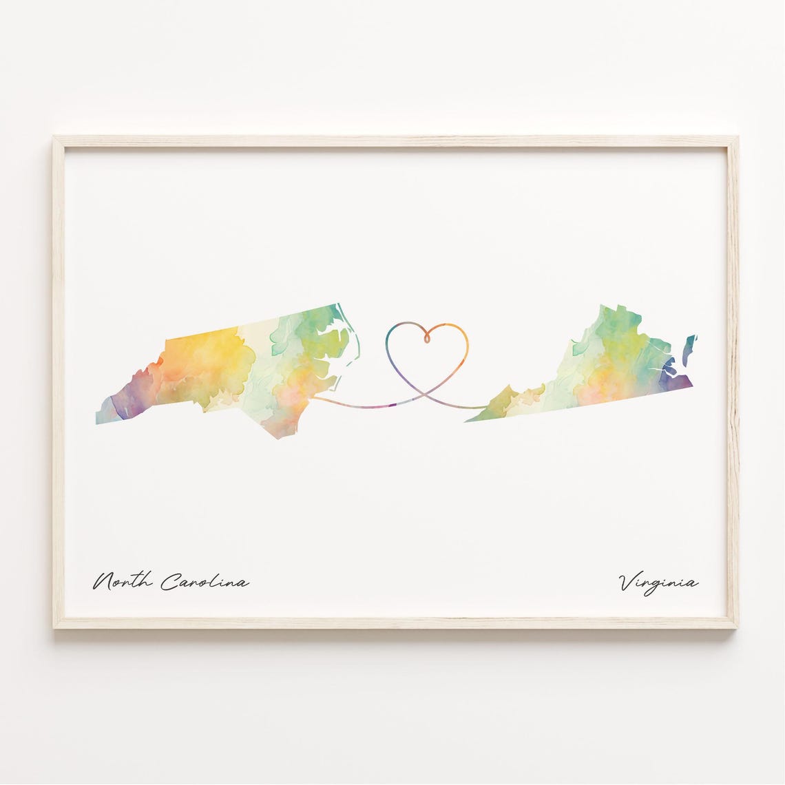 North Carolina to Virginia Watercolor Heart Map Connection Poster
