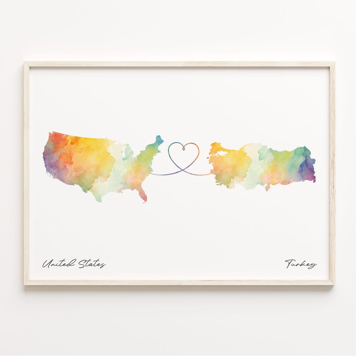 United States To Turkey Watercolor Heart Map Long Distance Love Poster