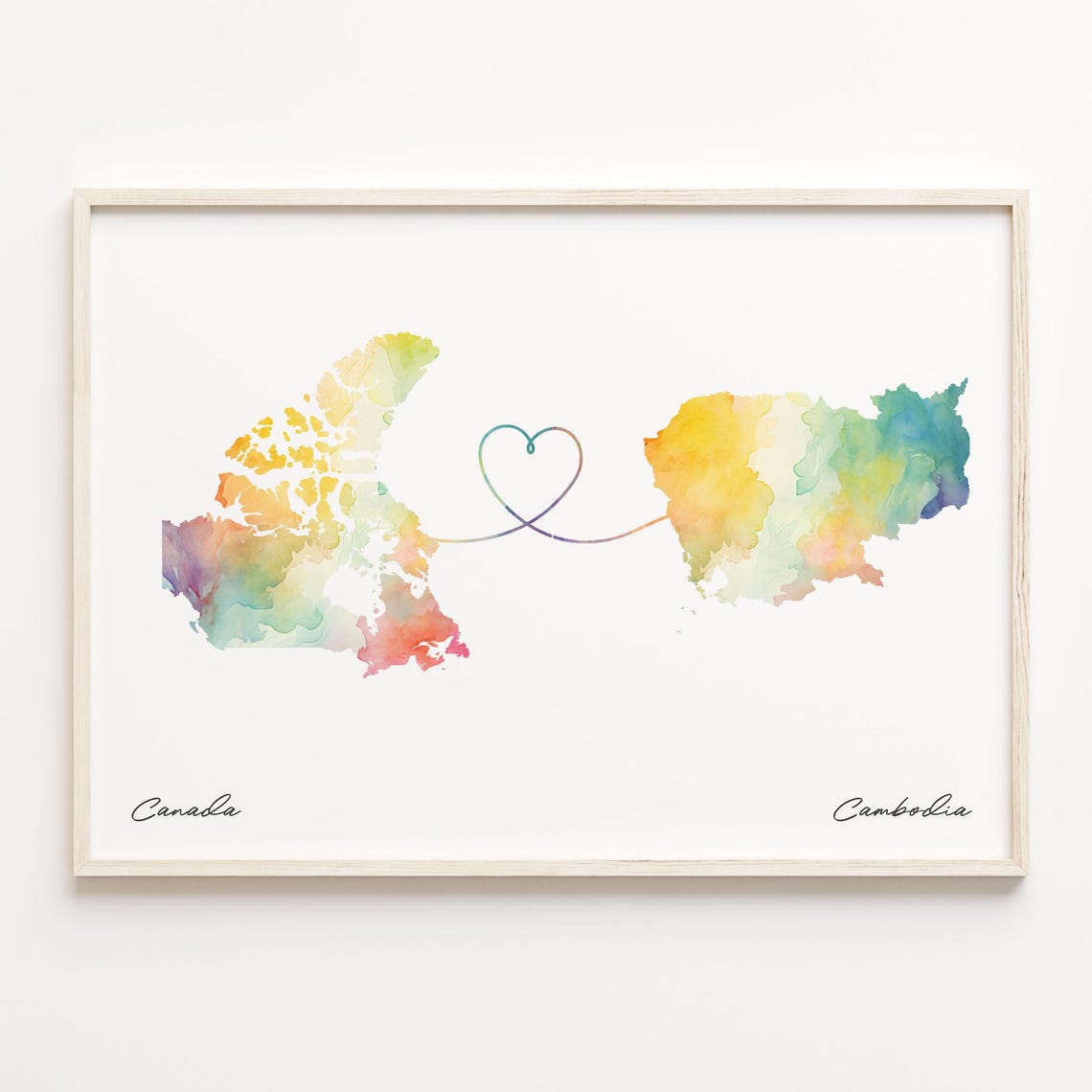 Canada to Cambodia Watercolor Map with Heart Connection Poster